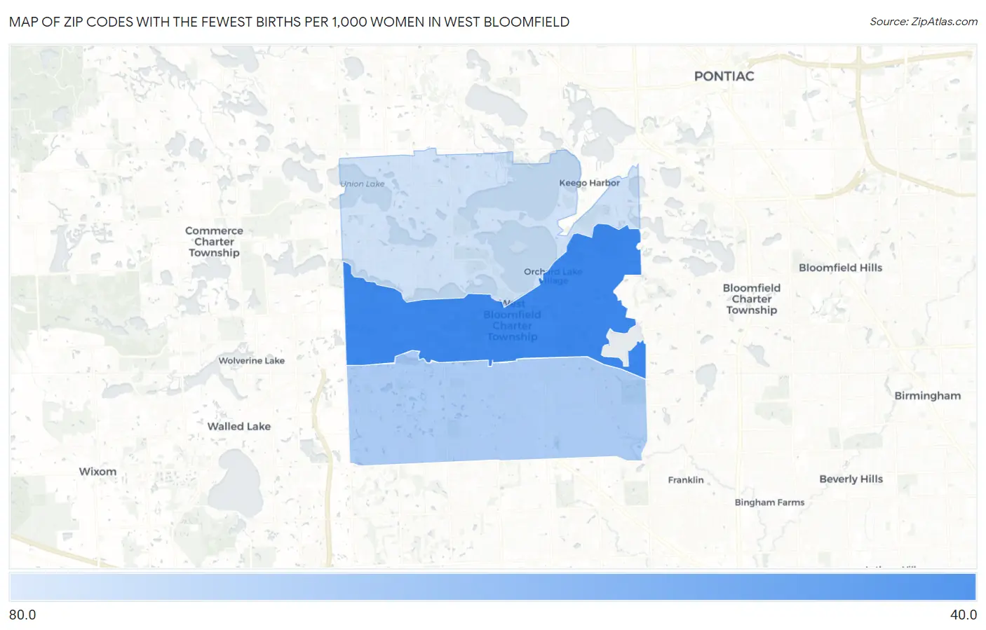 Zip Codes with the Fewest Births per 1,000 Women in West Bloomfield Map