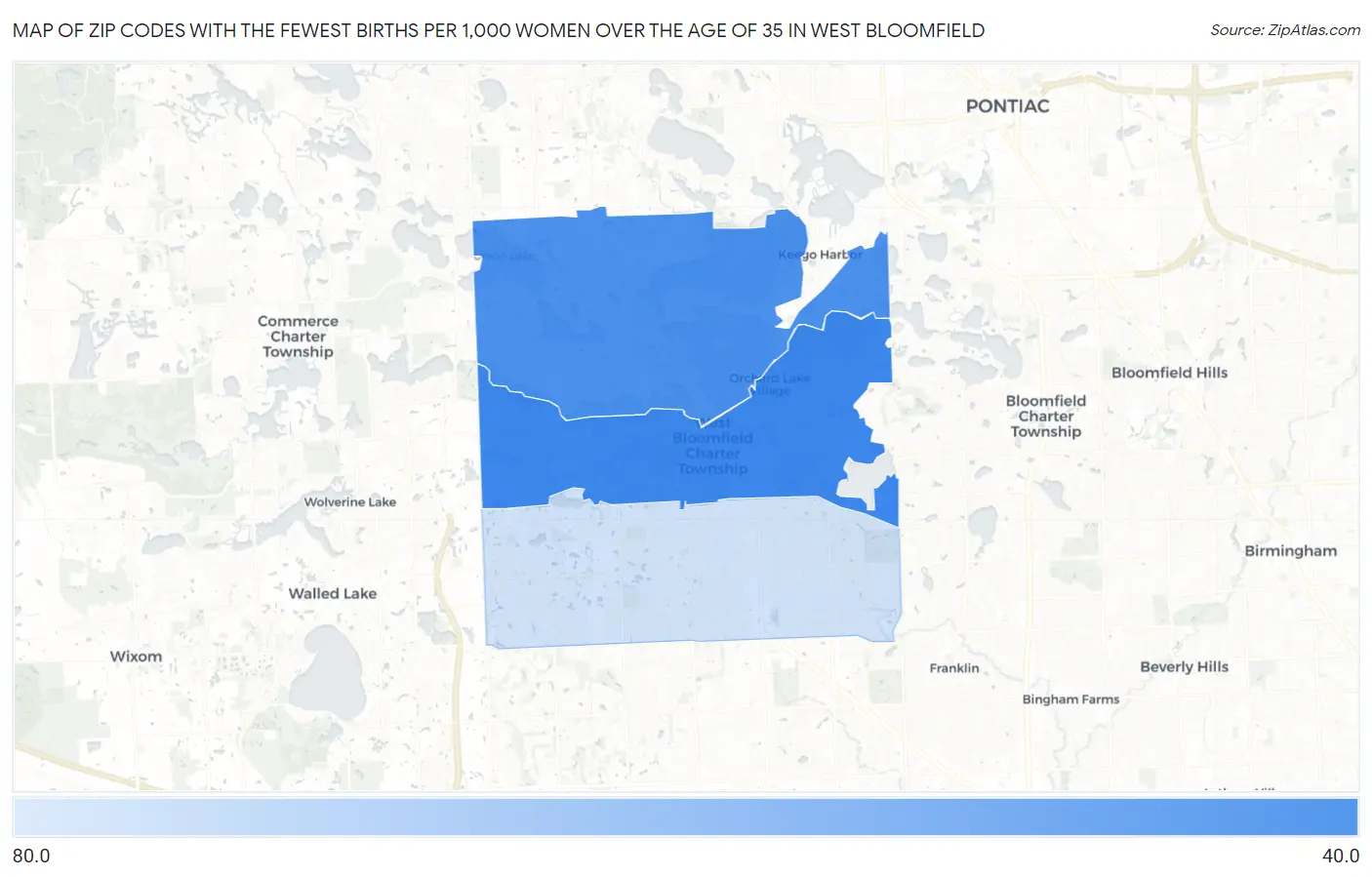 Zip Codes with the Fewest Births per 1,000 Women Over the Age of 35 in West Bloomfield Map