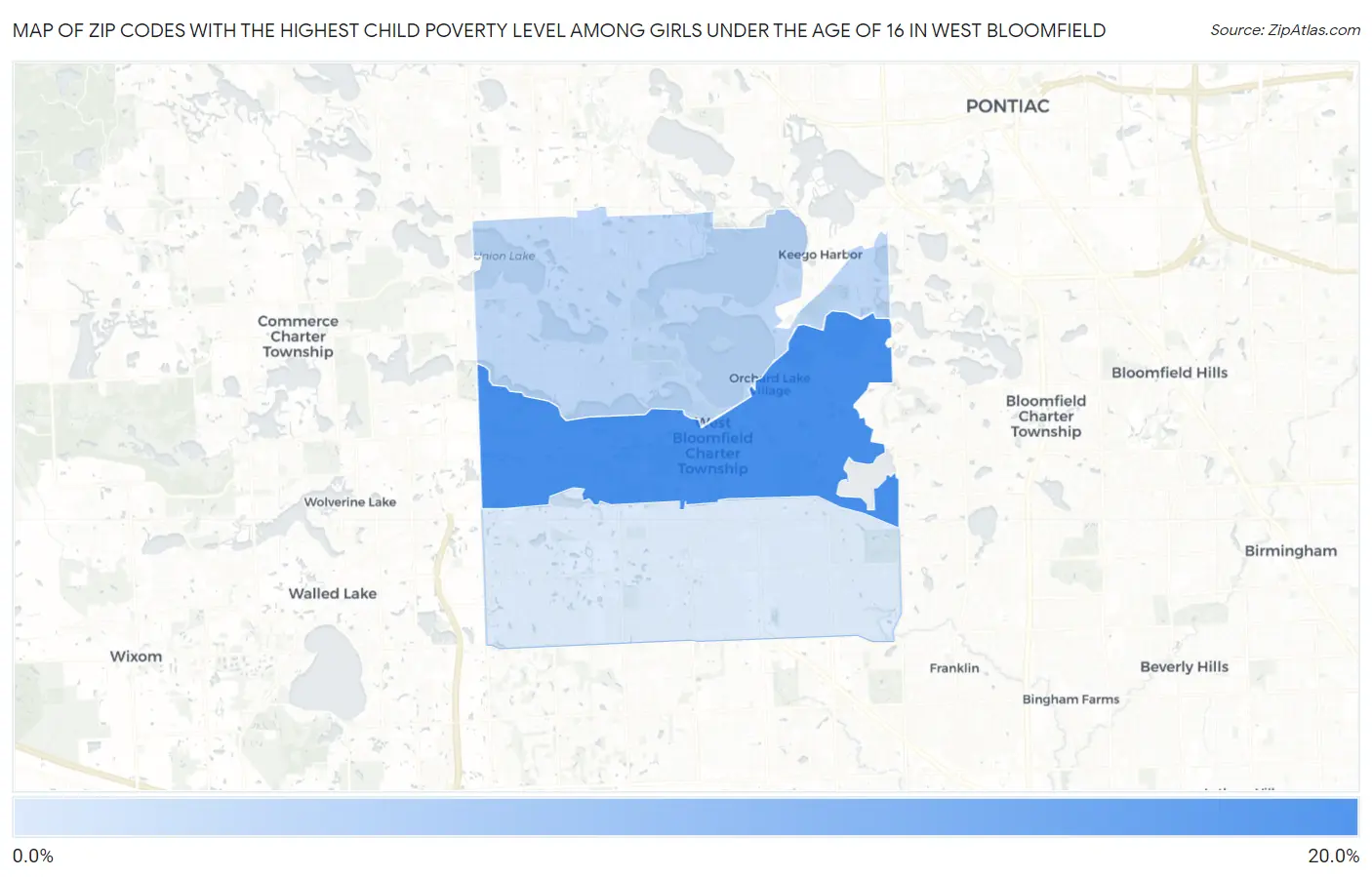 Zip Codes with the Highest Child Poverty Level Among Girls Under the Age of 16 in West Bloomfield Map