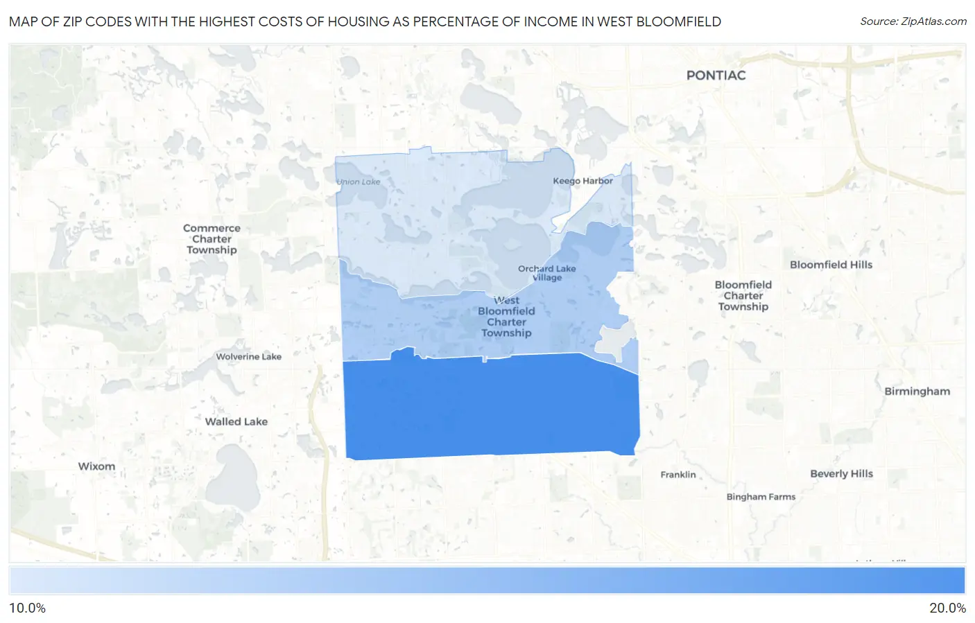 Zip Codes with the Highest Costs of Housing as Percentage of Income in West Bloomfield Map
