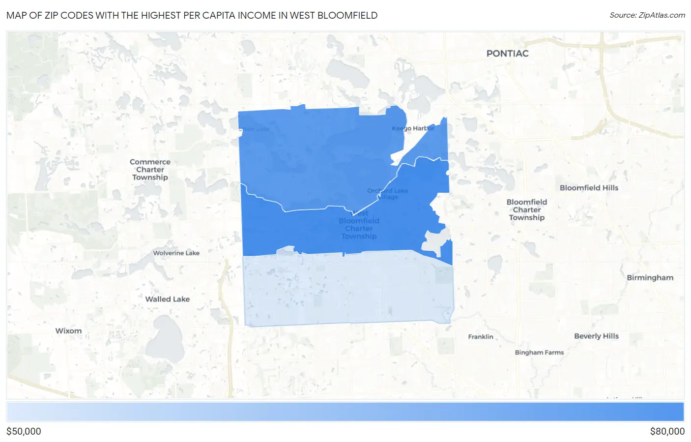 Zip Codes with the Highest Per Capita Income in West Bloomfield Map