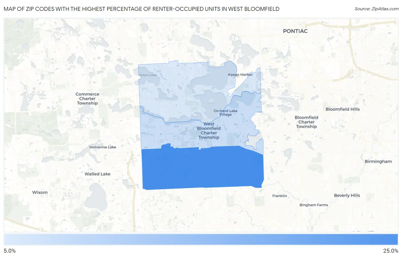 Zip Codes with the Highest Percentage of Renter-Occupied Units in West Bloomfield Map