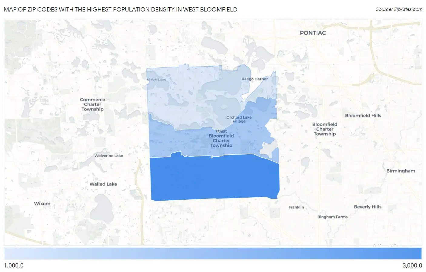 Zip Codes with the Highest Population Density in West Bloomfield Map