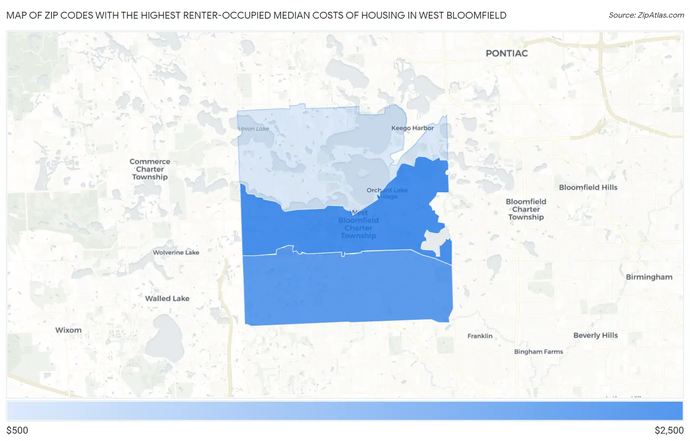 Zip Codes with the Highest Renter-Occupied Median Costs of Housing in West Bloomfield Map