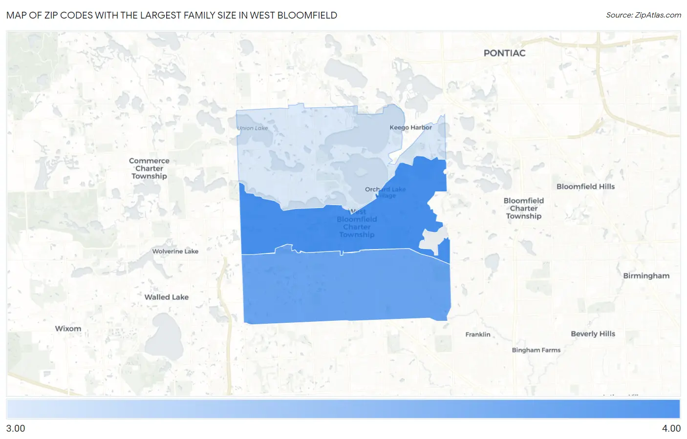 Zip Codes with the Largest Family Size in West Bloomfield Map