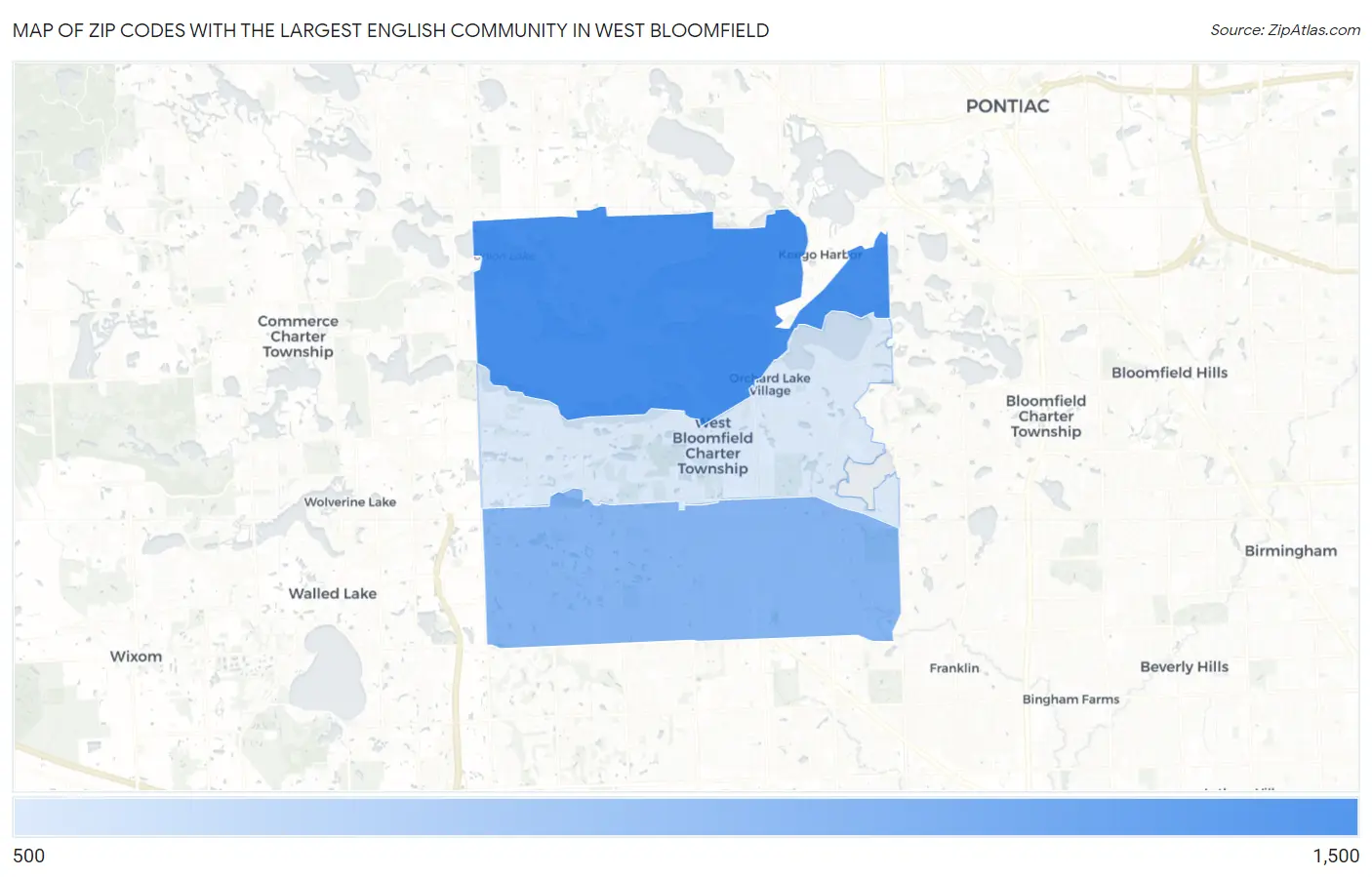 Zip Codes with the Largest English Community in West Bloomfield Map