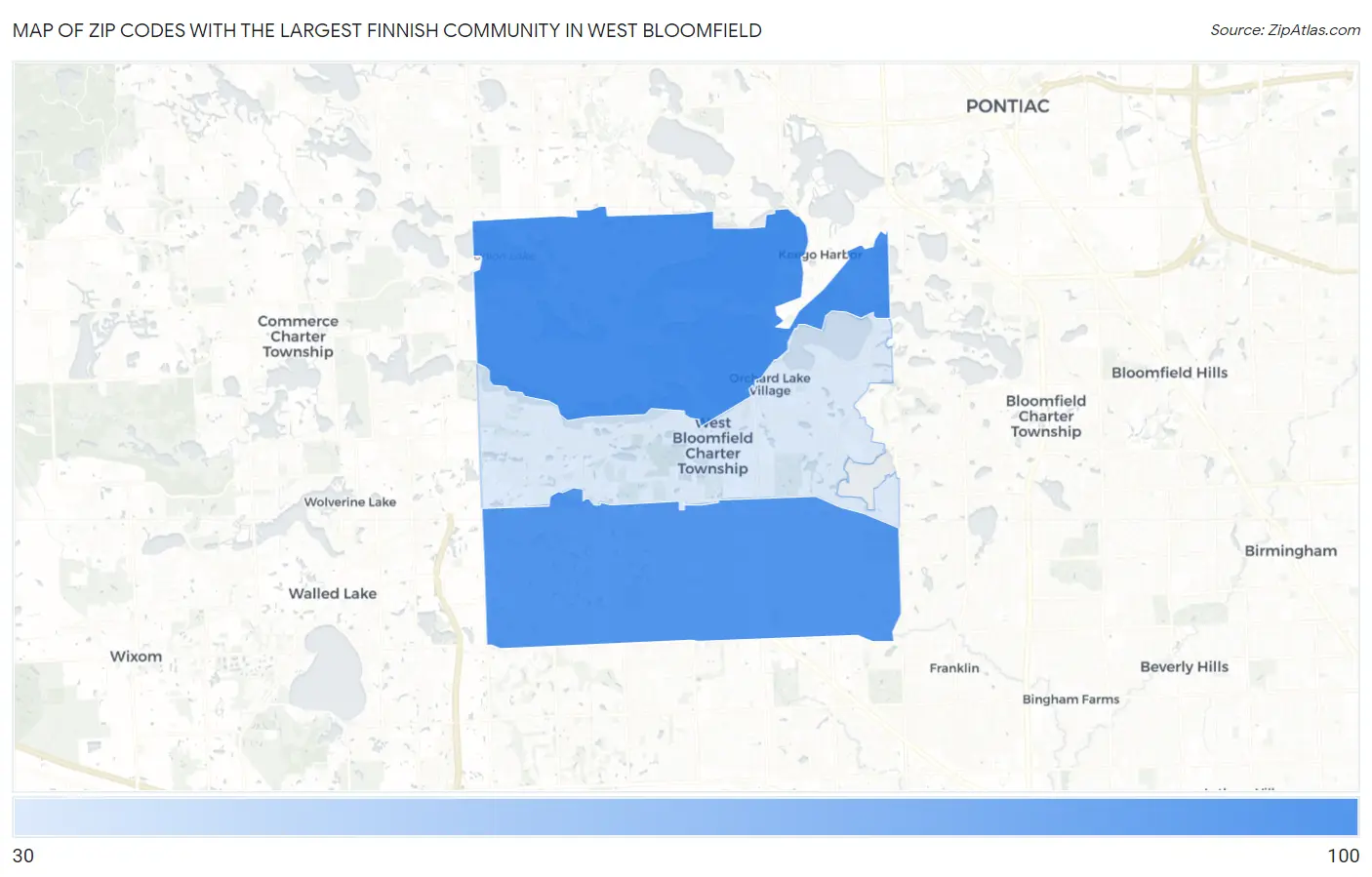 Zip Codes with the Largest Finnish Community in West Bloomfield Map