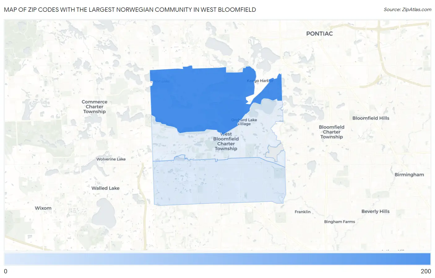 Zip Codes with the Largest Norwegian Community in West Bloomfield Map