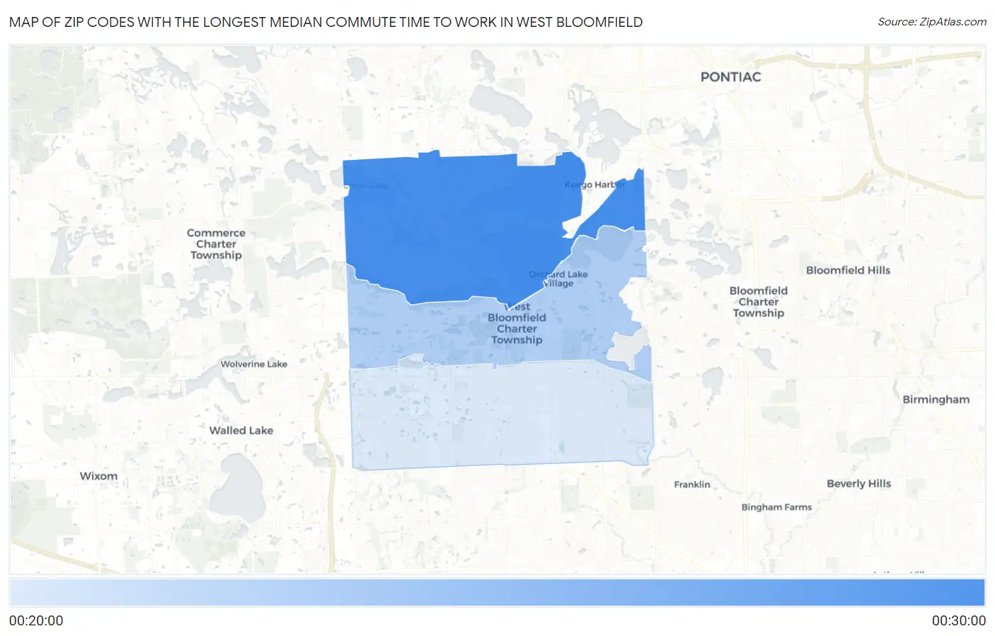 Zip Codes with the Longest Median Commute Time to Work in West Bloomfield Map
