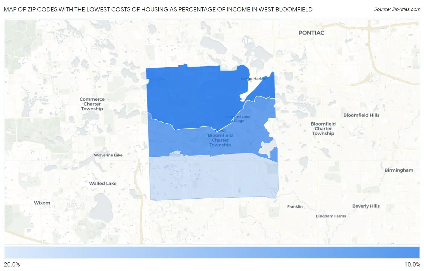 Zip Codes with the Lowest Costs of Housing as Percentage of Income in West Bloomfield Map
