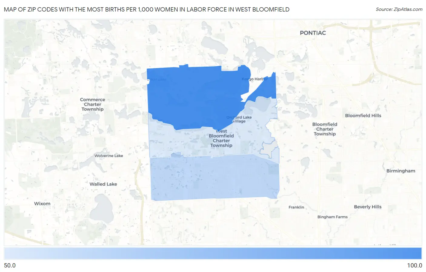 Zip Codes with the Most Births per 1,000 Women in Labor Force in West Bloomfield Map