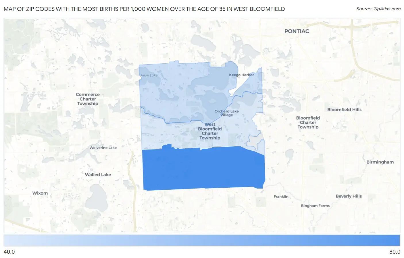 Zip Codes with the Most Births per 1,000 Women Over the Age of 35 in West Bloomfield Map