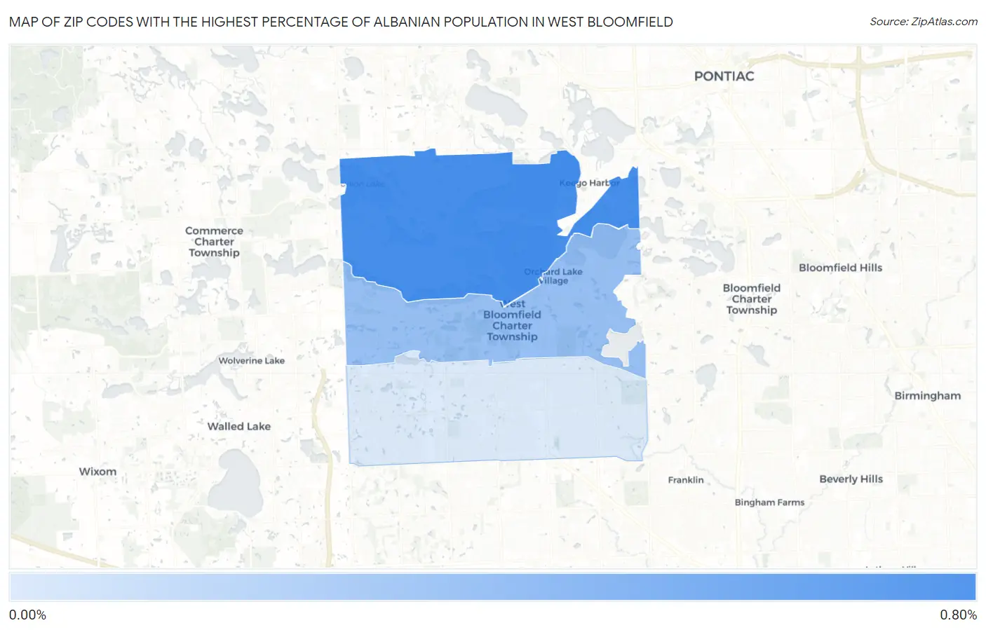 Zip Codes with the Highest Percentage of Albanian Population in West Bloomfield Map