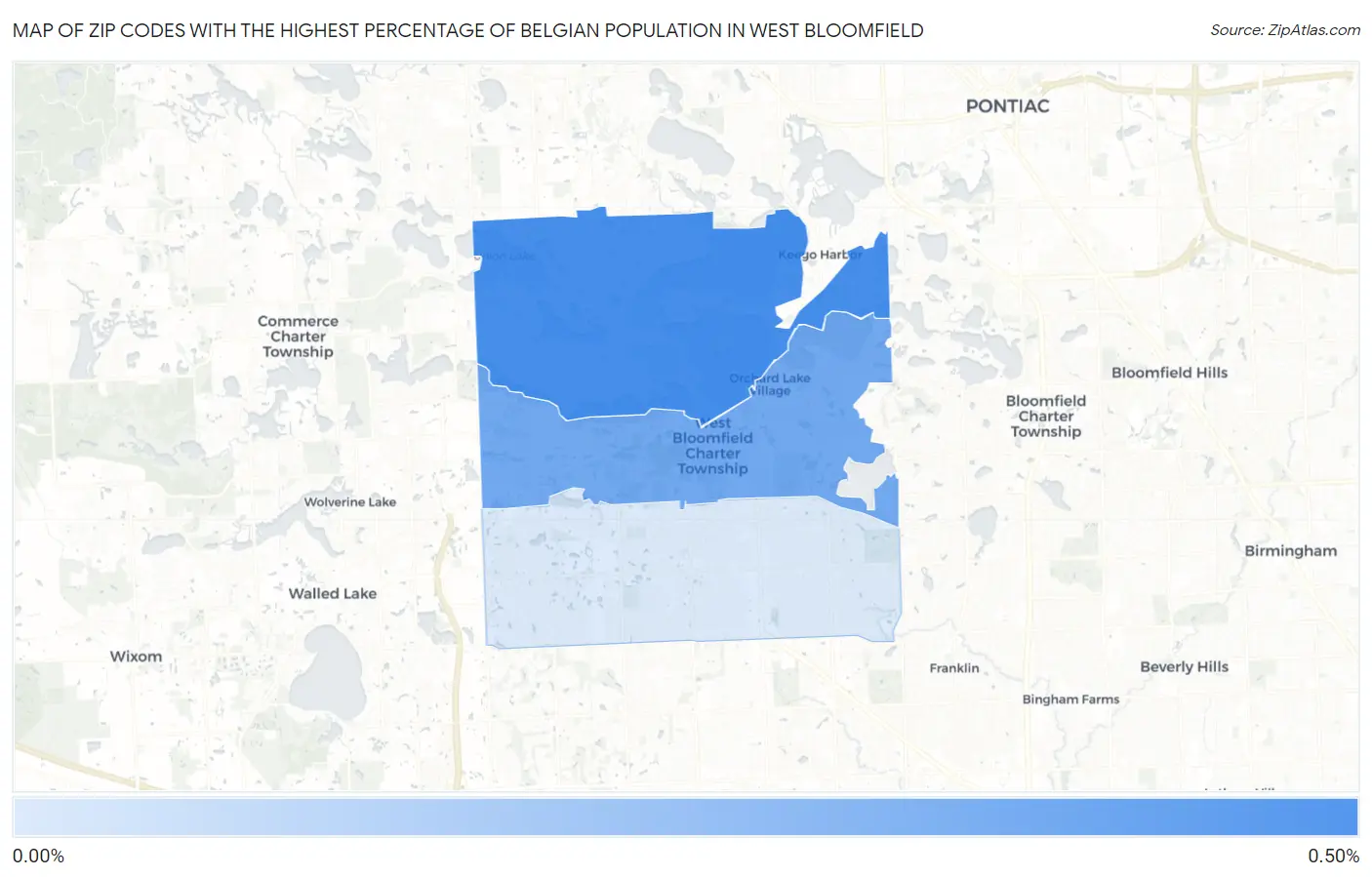 Zip Codes with the Highest Percentage of Belgian Population in West Bloomfield Map