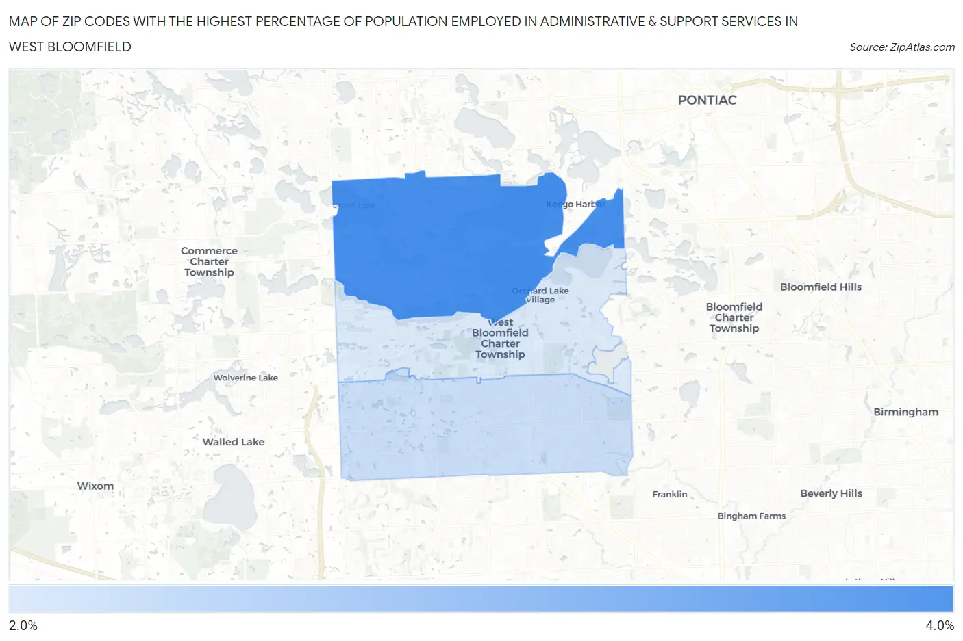 Zip Codes with the Highest Percentage of Population Employed in Administrative & Support Services in West Bloomfield Map