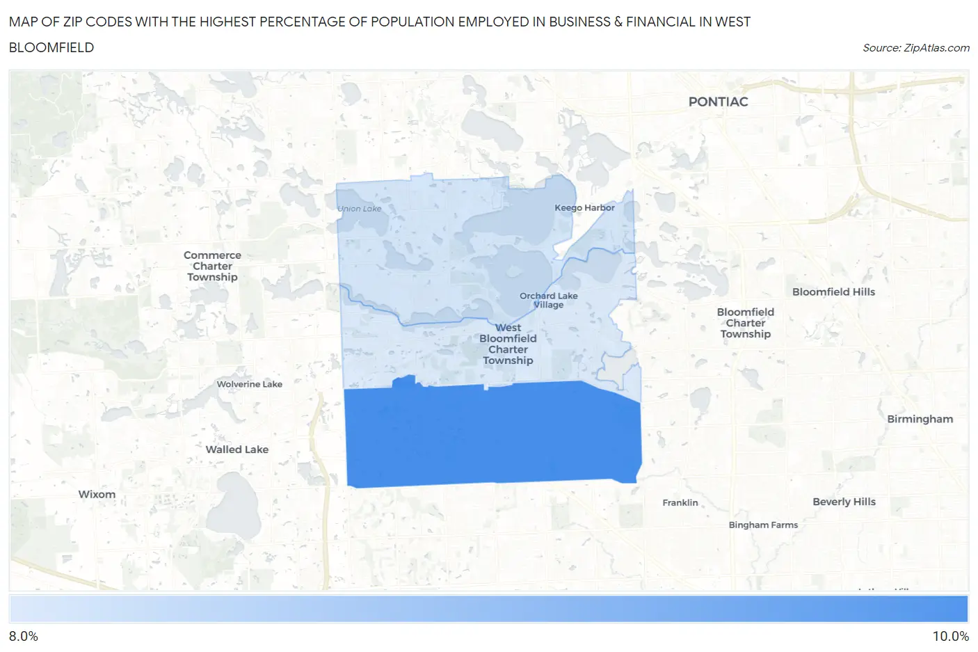 Zip Codes with the Highest Percentage of Population Employed in Business & Financial in West Bloomfield Map