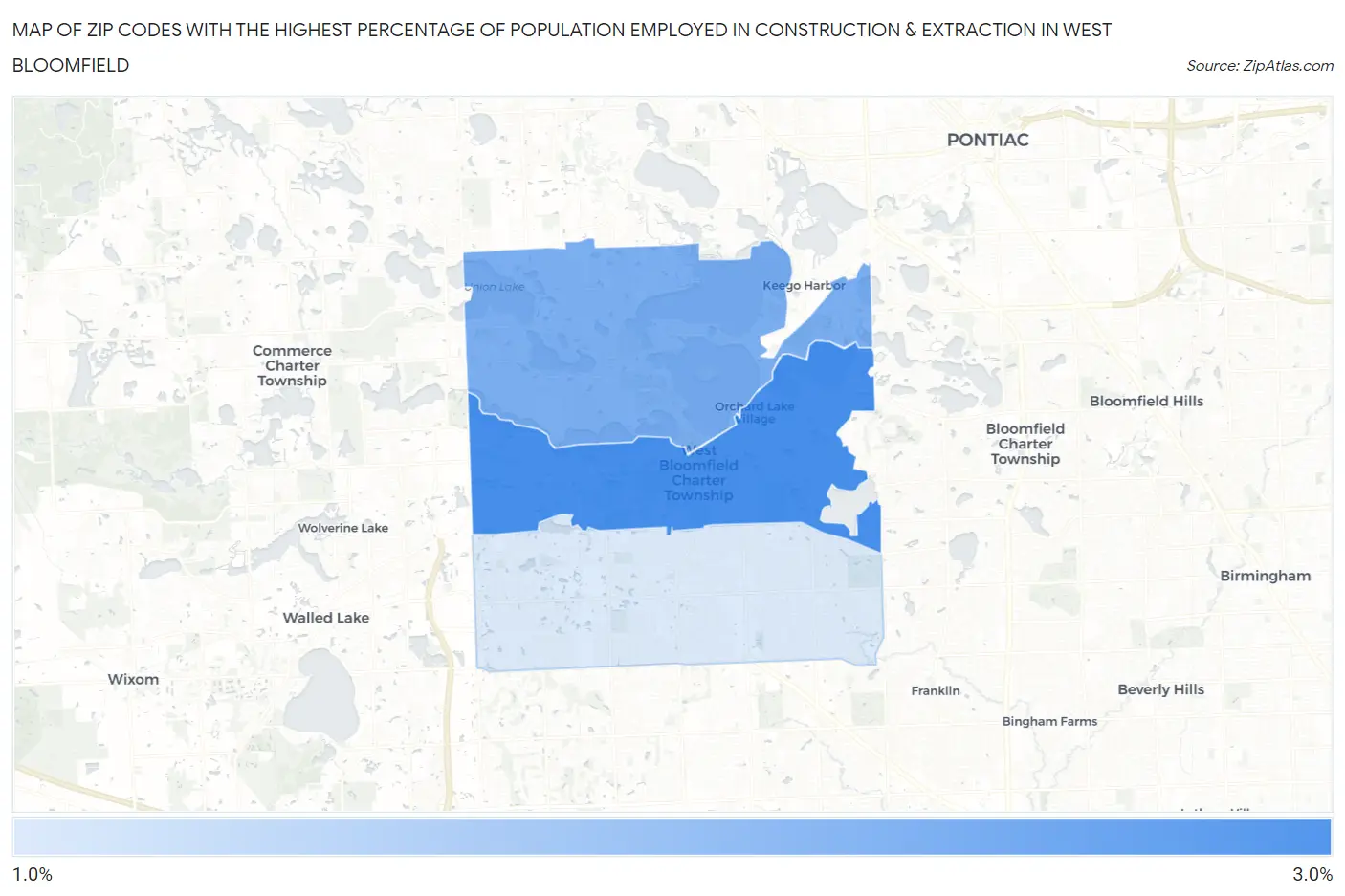 Zip Codes with the Highest Percentage of Population Employed in Construction & Extraction in West Bloomfield Map