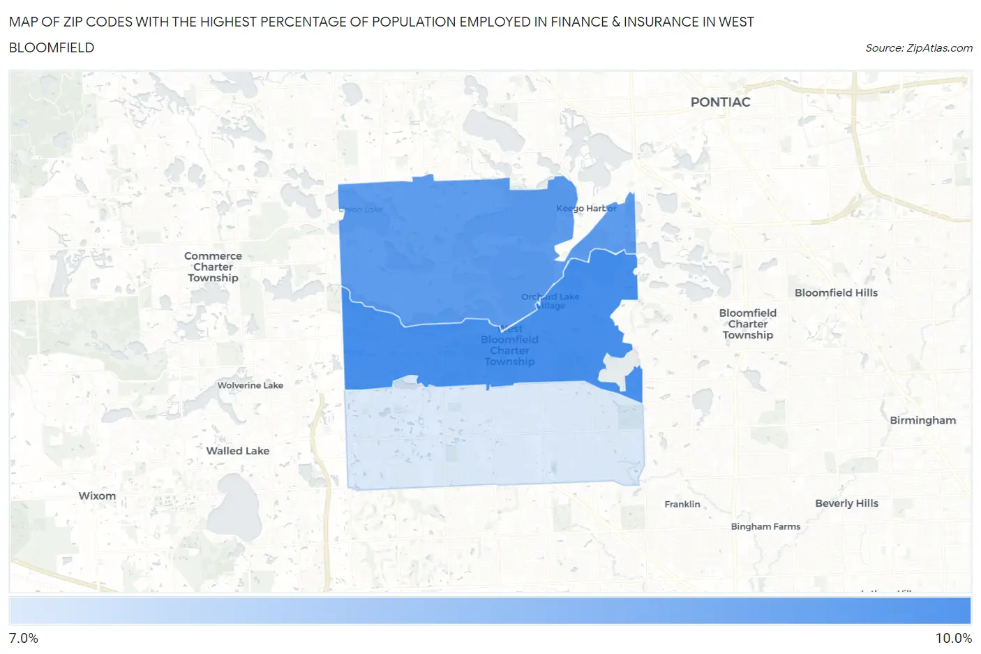 Zip Codes with the Highest Percentage of Population Employed in Finance & Insurance in West Bloomfield Map