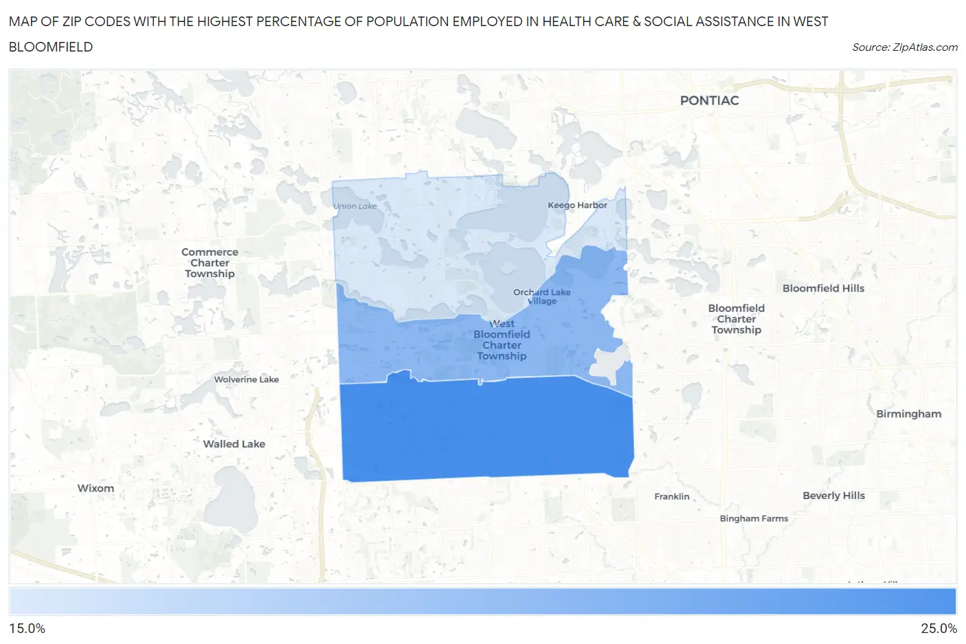 Zip Codes with the Highest Percentage of Population Employed in Health Care & Social Assistance in West Bloomfield Map