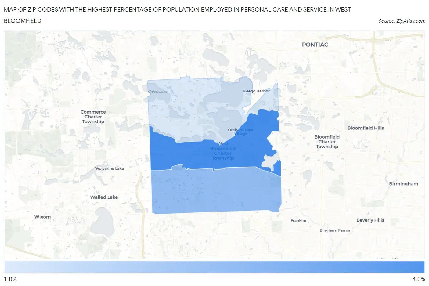 Zip Codes with the Highest Percentage of Population Employed in Personal Care and Service in West Bloomfield Map