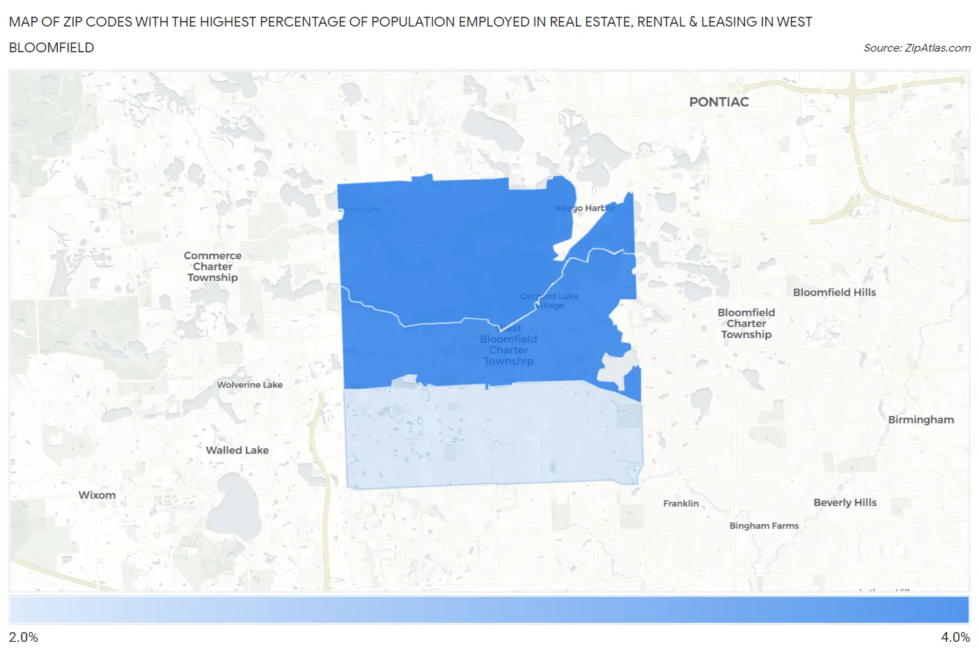 Zip Codes with the Highest Percentage of Population Employed in Real Estate, Rental & Leasing in West Bloomfield Map