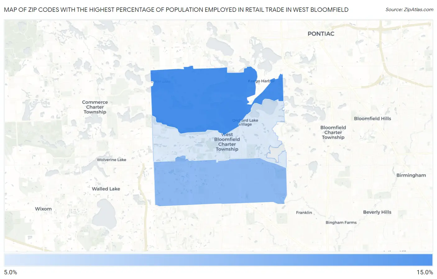 Zip Codes with the Highest Percentage of Population Employed in Retail Trade in West Bloomfield Map
