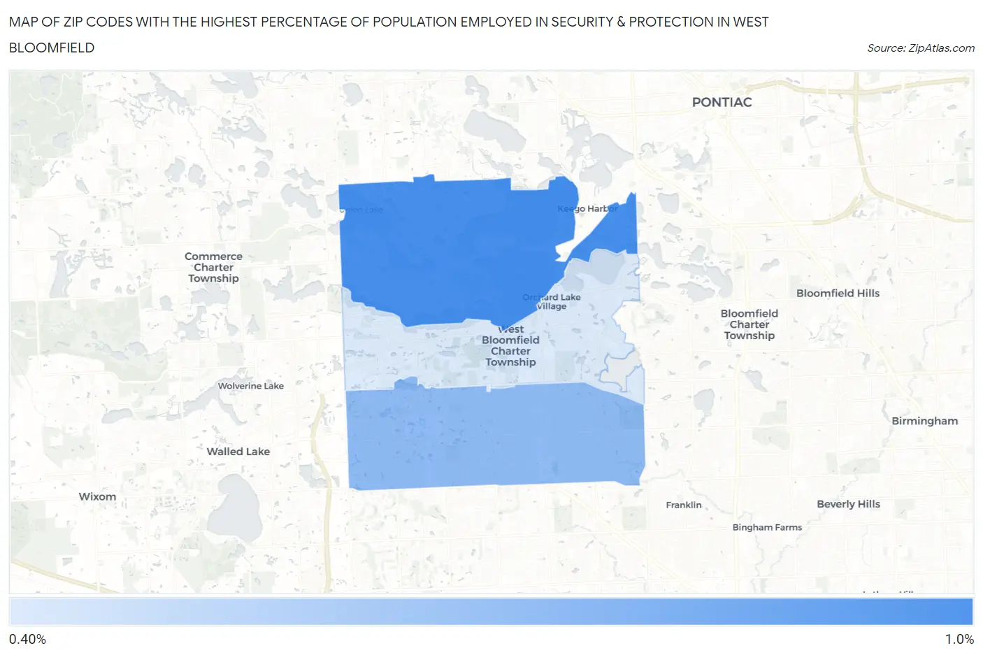 Zip Codes with the Highest Percentage of Population Employed in Security & Protection in West Bloomfield Map