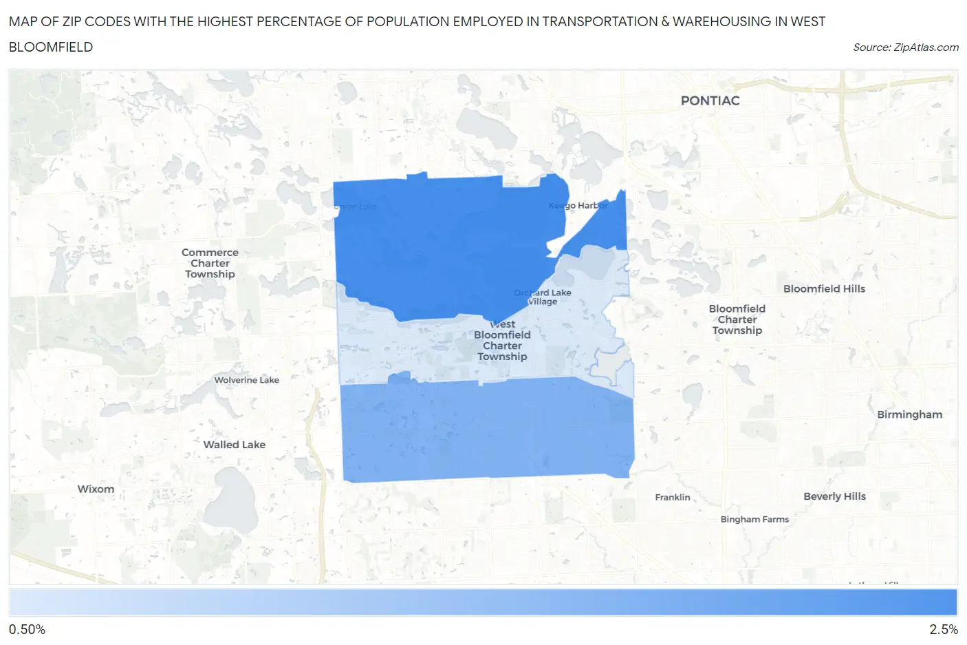 Zip Codes with the Highest Percentage of Population Employed in Transportation & Warehousing in West Bloomfield Map