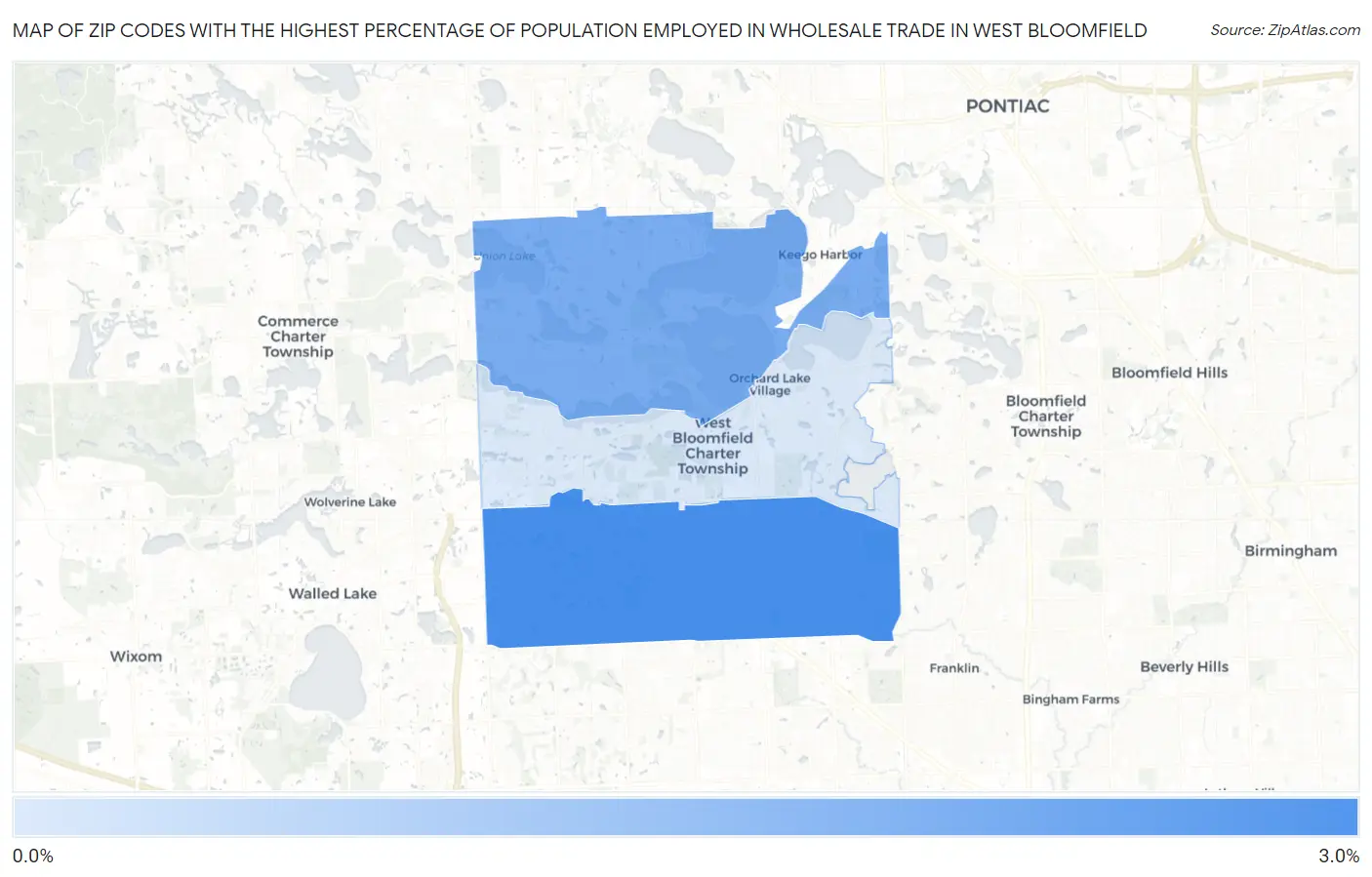Zip Codes with the Highest Percentage of Population Employed in Wholesale Trade in West Bloomfield Map