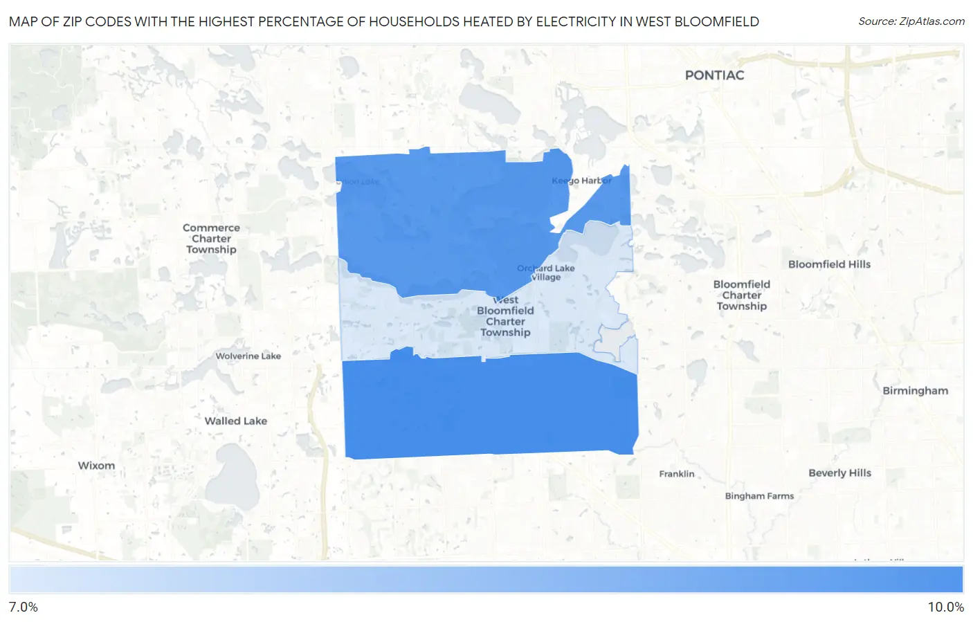 Zip Codes with the Highest Percentage of Households Heated by Electricity in West Bloomfield Map