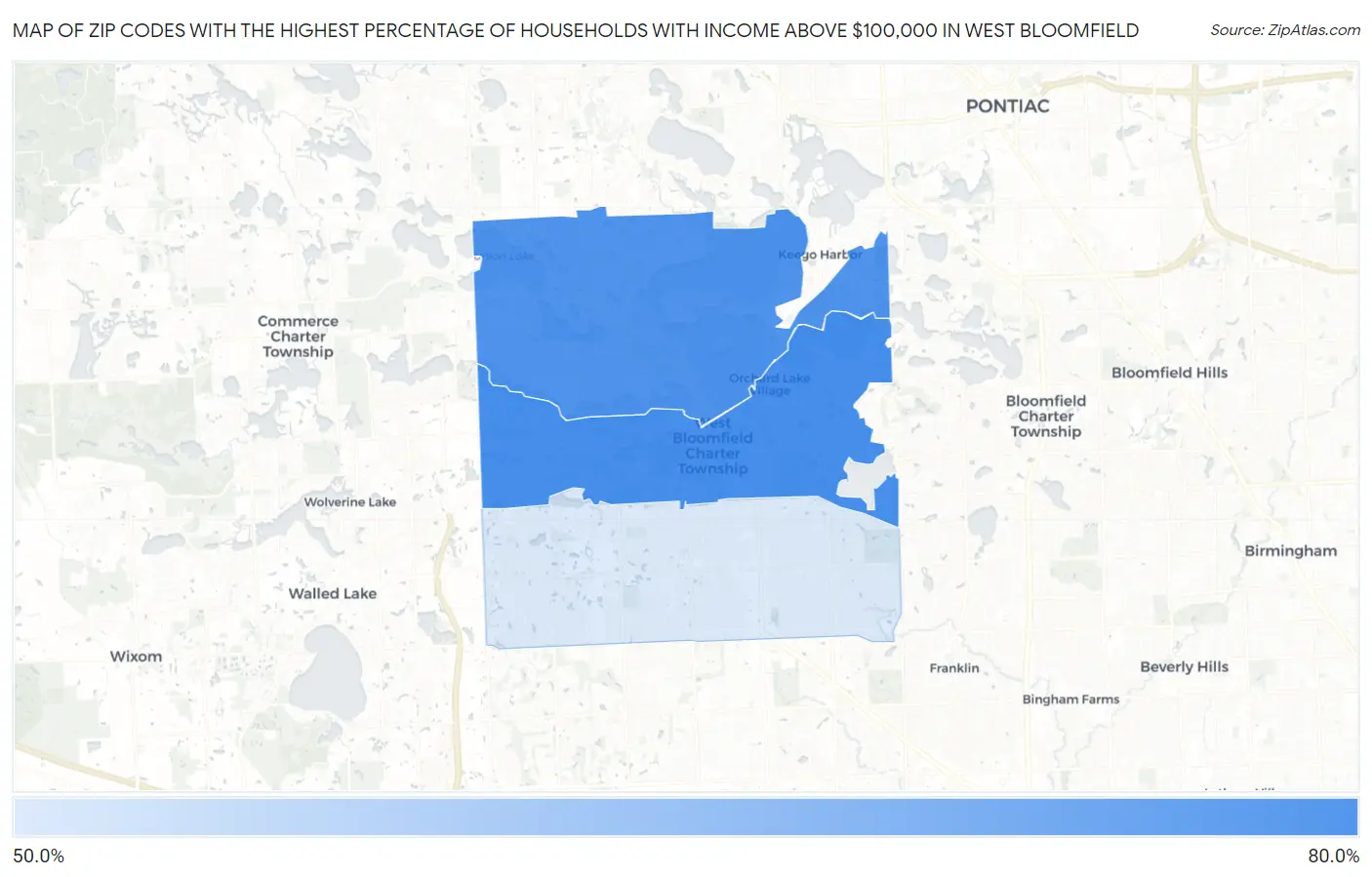 Zip Codes with the Highest Percentage of Households with Income Above $100,000 in West Bloomfield Map