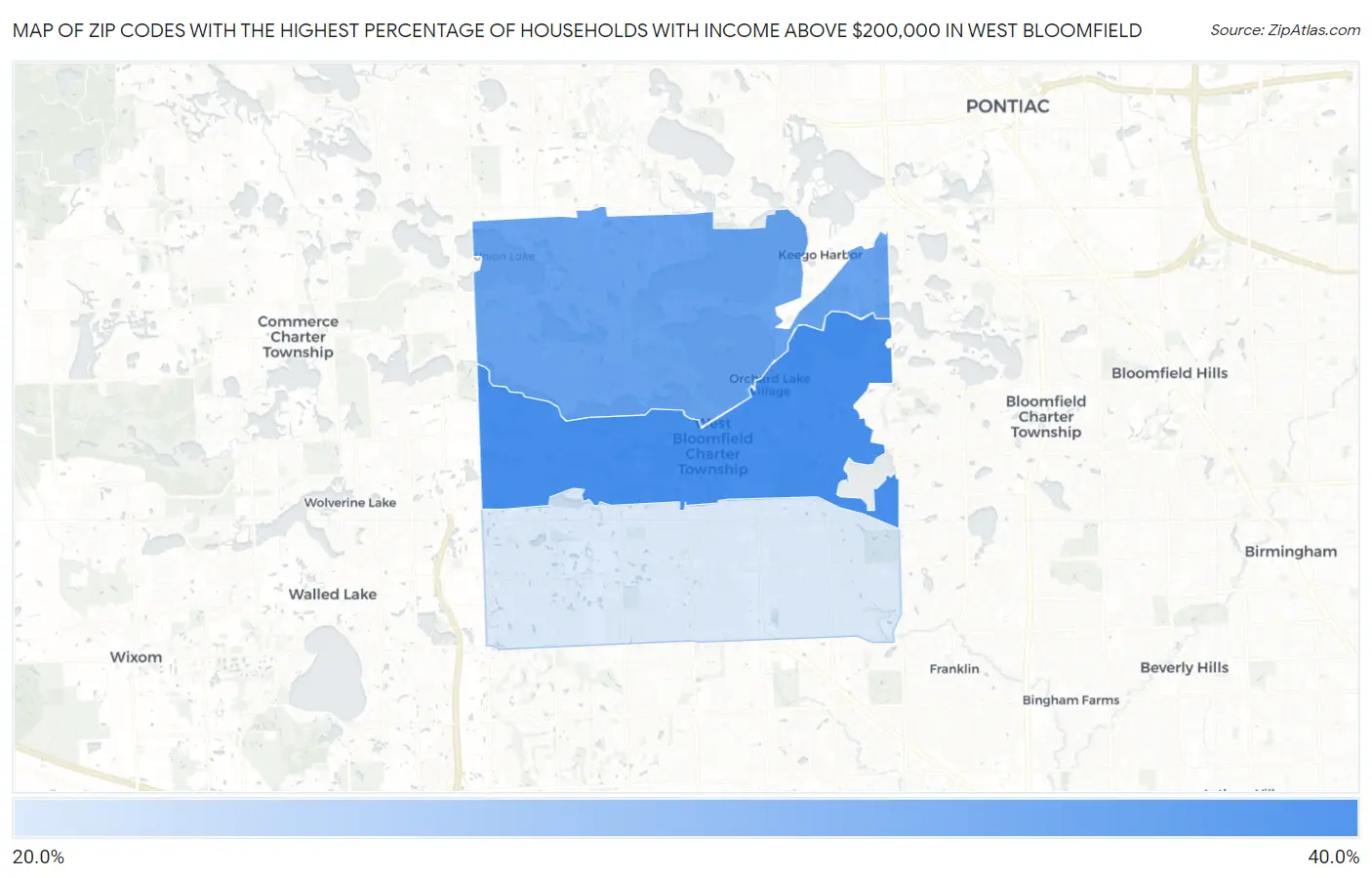 Zip Codes with the Highest Percentage of Households with Income Above $200,000 in West Bloomfield Map