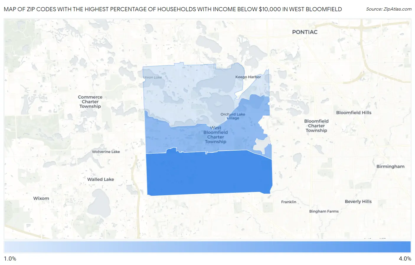 Zip Codes with the Highest Percentage of Households with Income Below $10,000 in West Bloomfield Map
