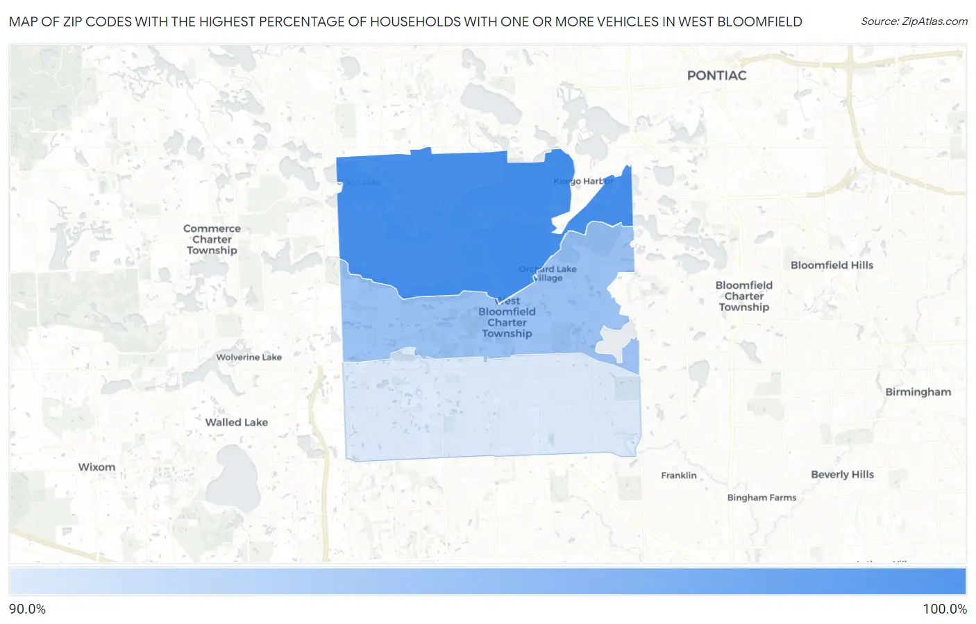 Zip Codes with the Highest Percentage of Households With One or more Vehicles in West Bloomfield Map