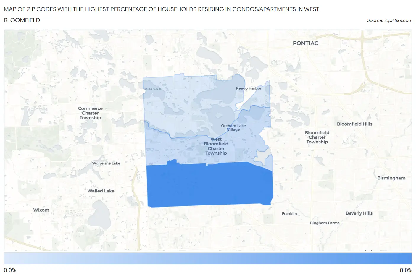 Zip Codes with the Highest Percentage of Households Residing in Condos/Apartments in West Bloomfield Map