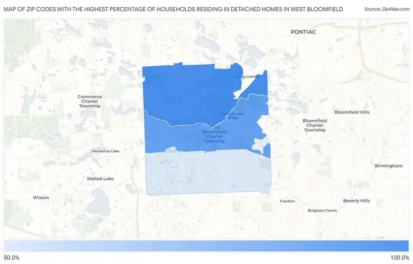 Zip Codes with the Highest Percentage of Households Residing in Detached Homes in West Bloomfield Map