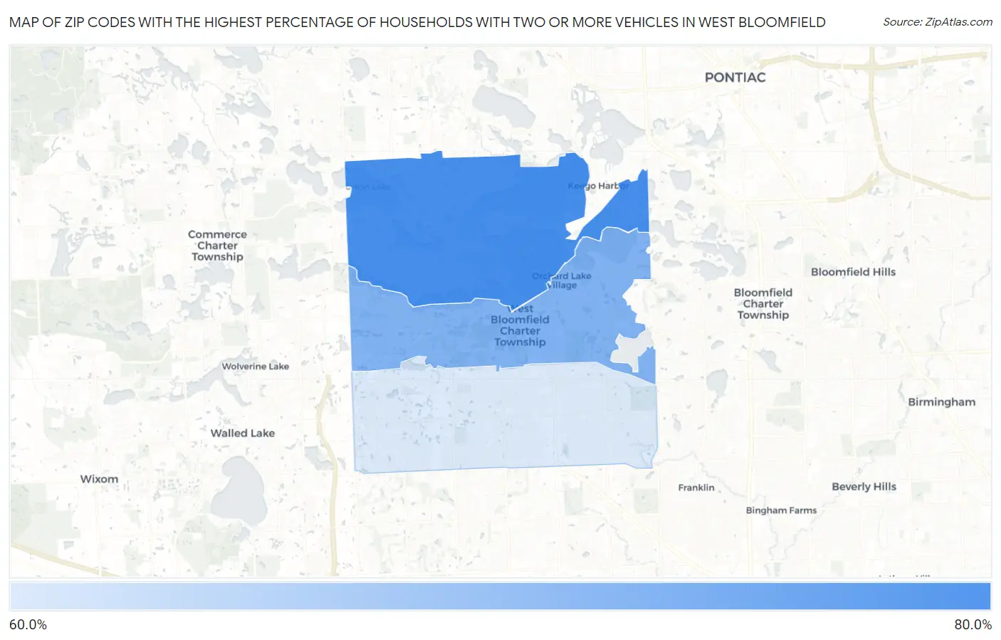 Zip Codes with the Highest Percentage of Households With Two or more Vehicles in West Bloomfield Map