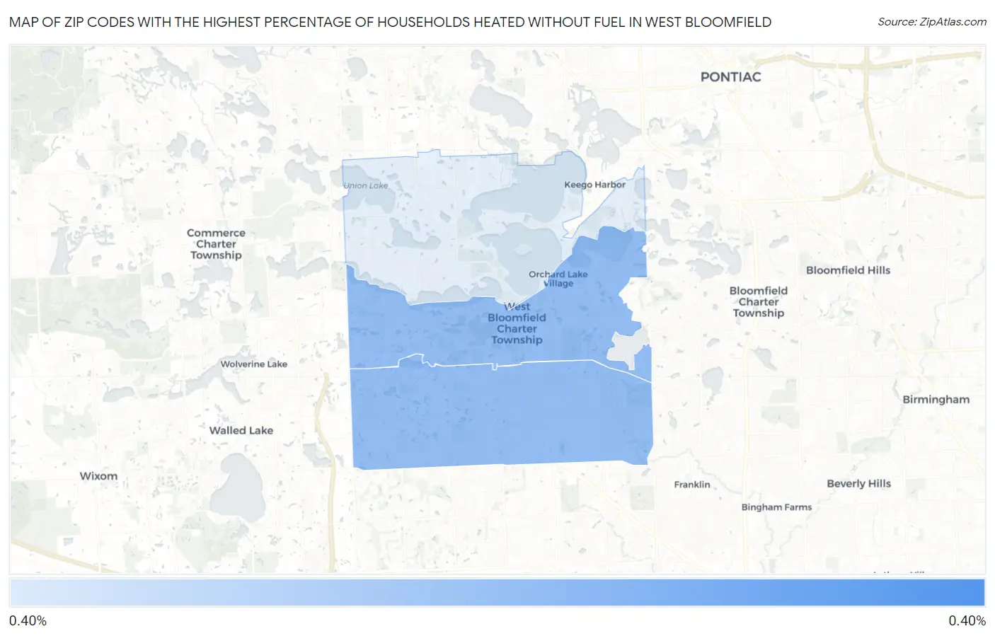 Zip Codes with the Highest Percentage of Households Heated without Fuel in West Bloomfield Map