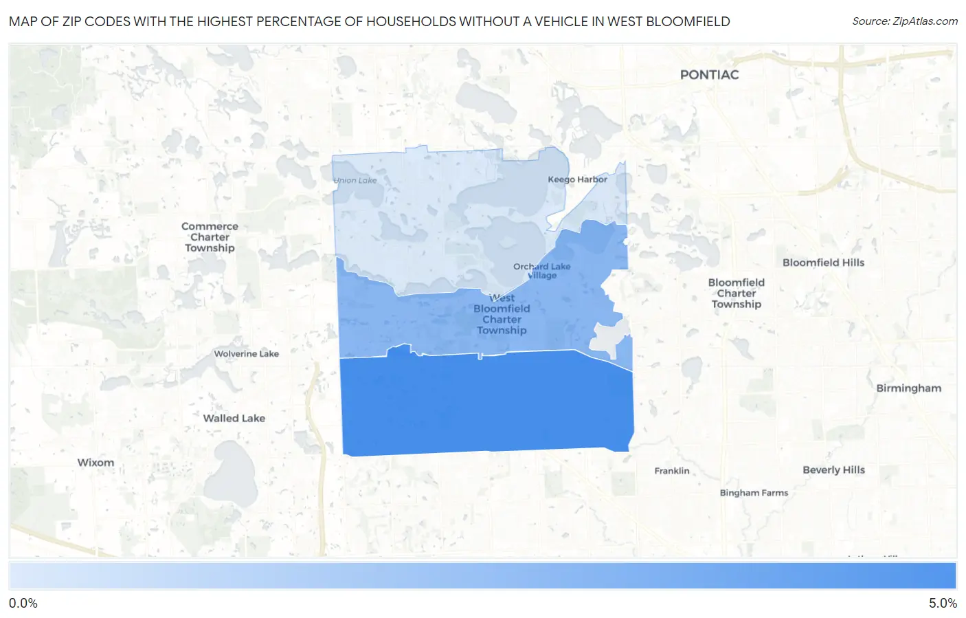 Zip Codes with the Highest Percentage of Households Without a Vehicle in West Bloomfield Map