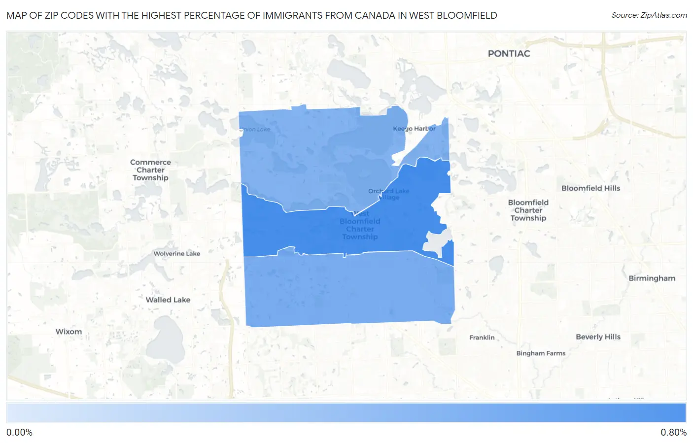 Zip Codes with the Highest Percentage of Immigrants from Canada in West Bloomfield Map