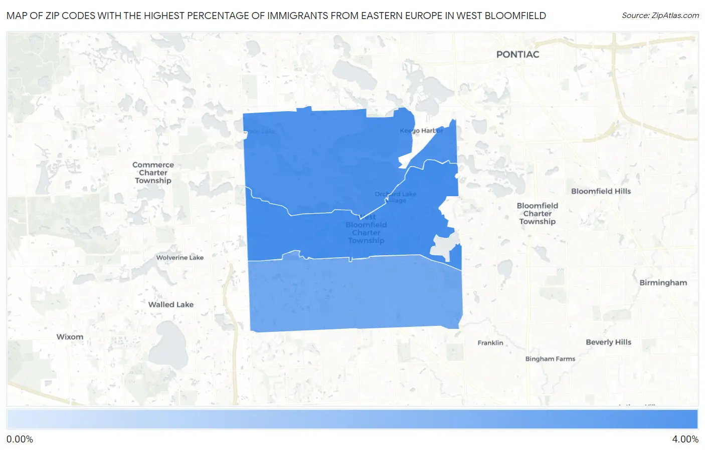 Zip Codes with the Highest Percentage of Immigrants from Eastern Europe in West Bloomfield Map