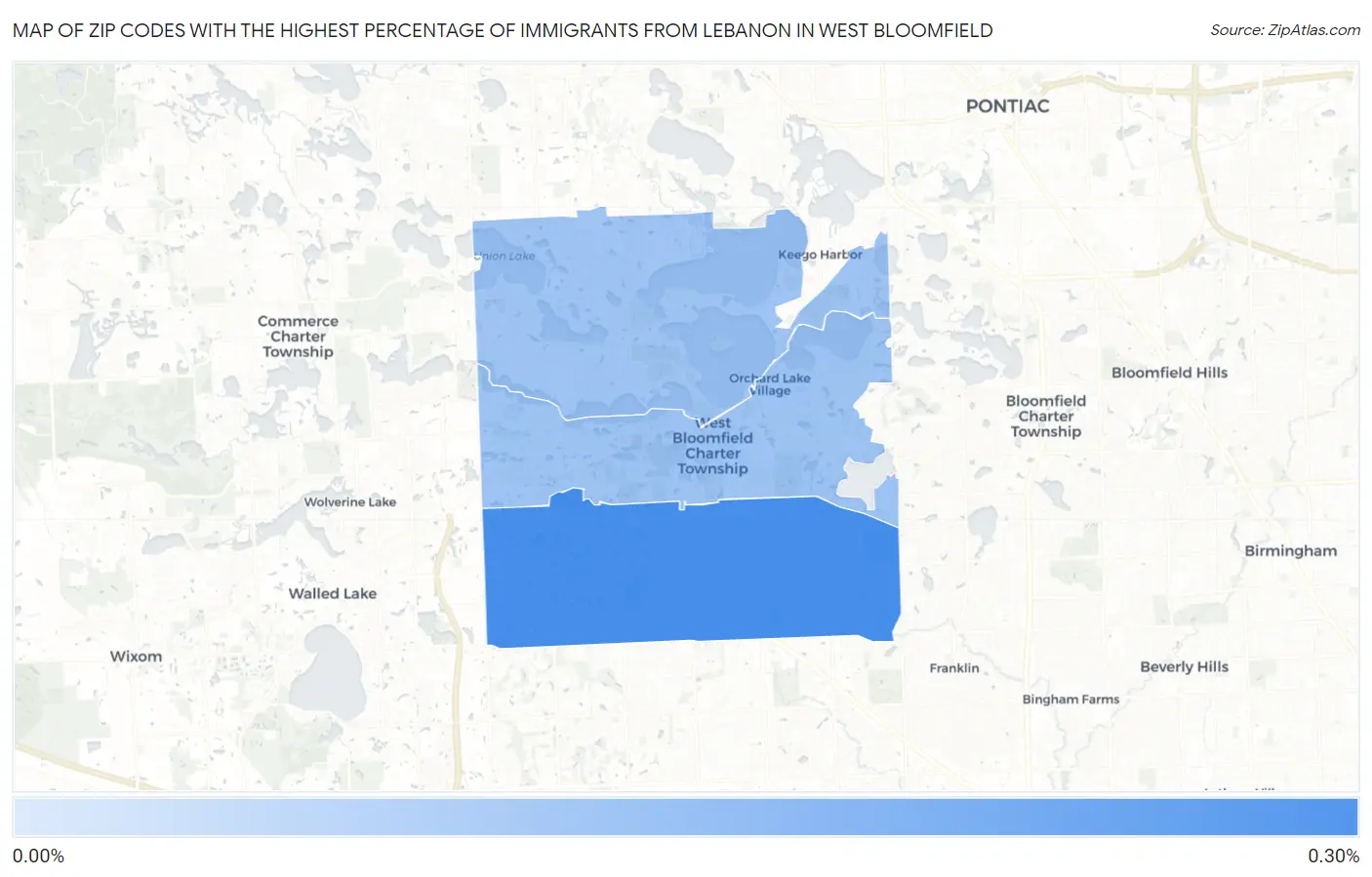 Zip Codes with the Highest Percentage of Immigrants from Lebanon in West Bloomfield Map