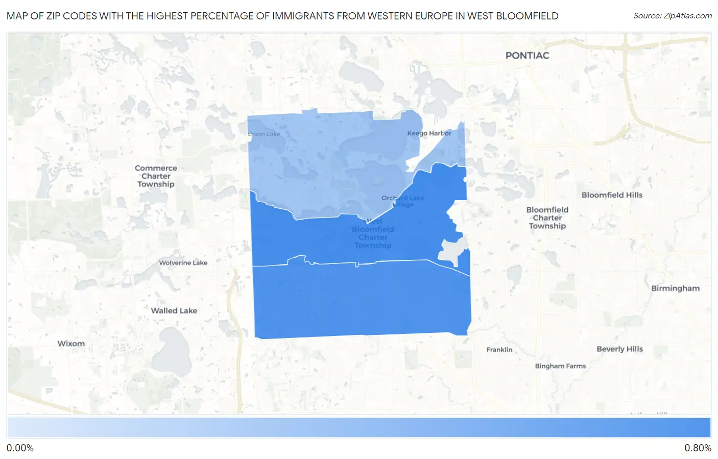 Zip Codes with the Highest Percentage of Immigrants from Western Europe in West Bloomfield Map