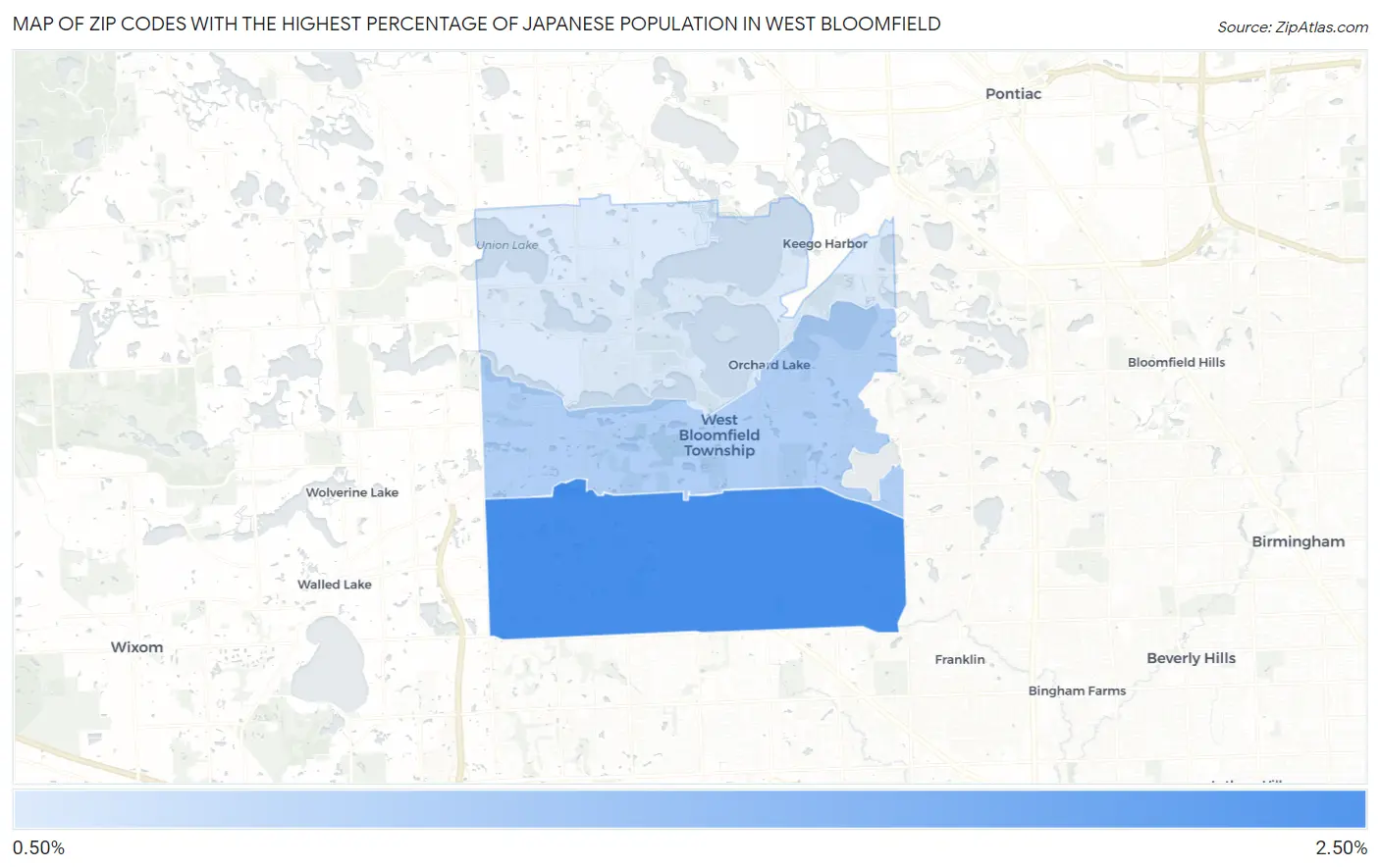 Zip Codes with the Highest Percentage of Japanese Population in West Bloomfield Map
