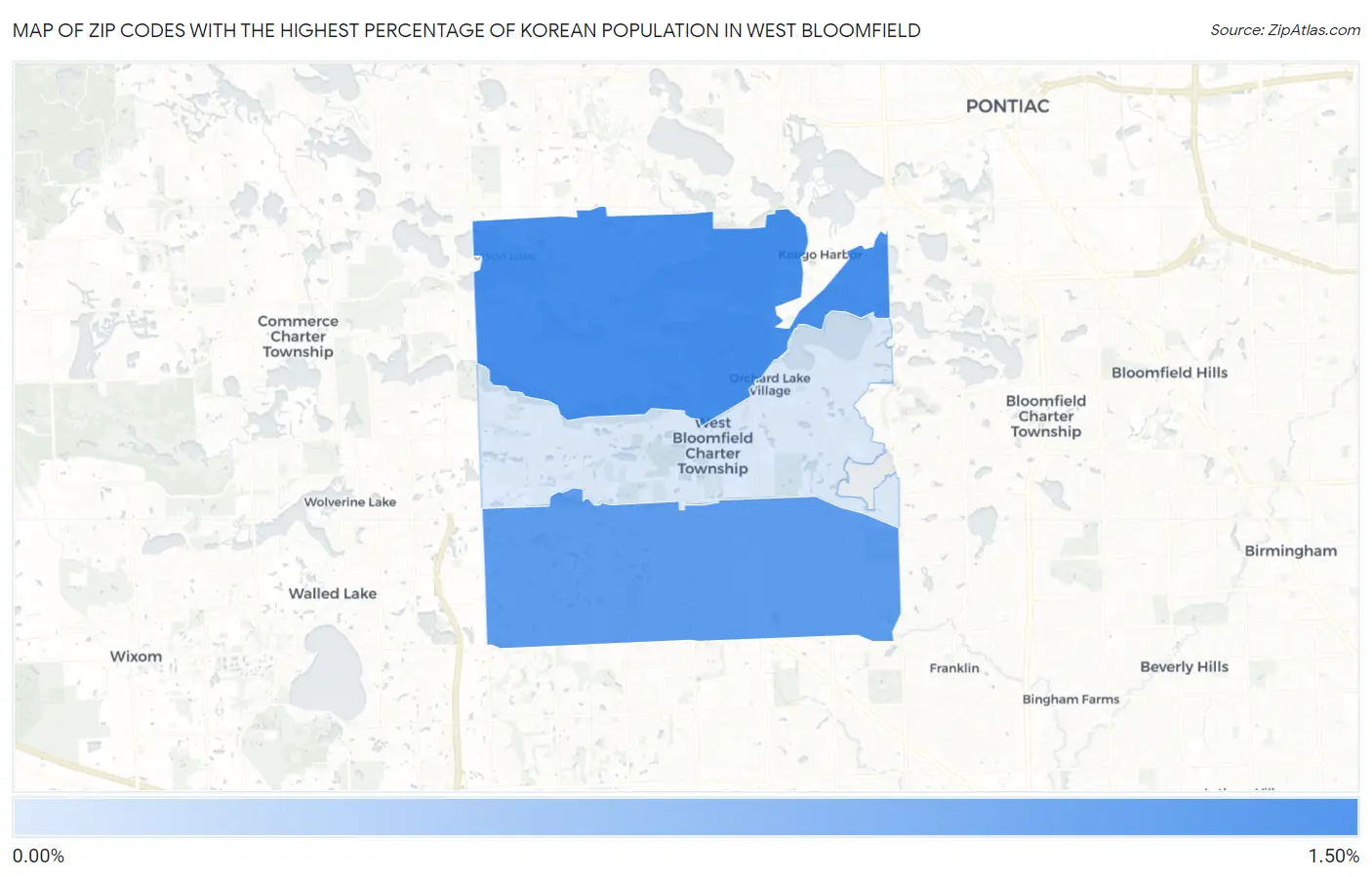 Zip Codes with the Highest Percentage of Korean Population in West Bloomfield Map