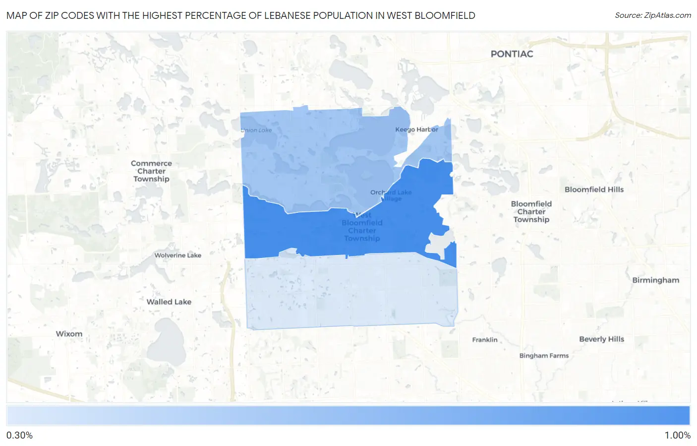 Zip Codes with the Highest Percentage of Lebanese Population in West Bloomfield Map