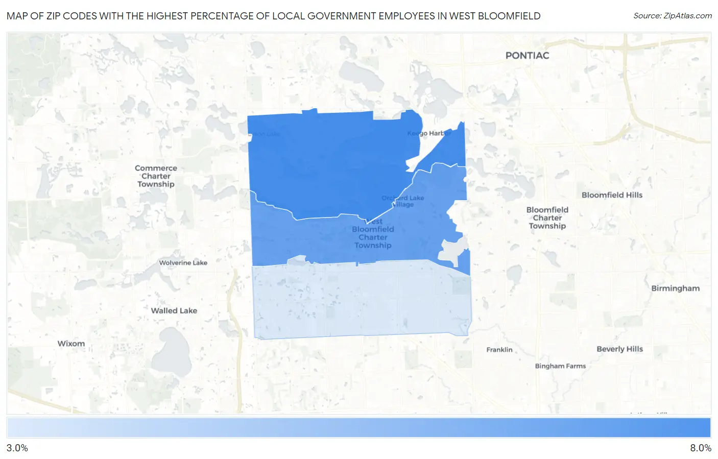 Zip Codes with the Highest Percentage of Local Government Employees in West Bloomfield Map