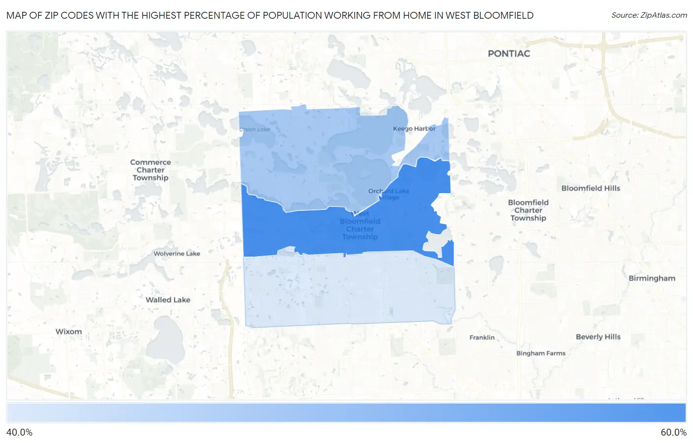 Zip Codes with the Highest Percentage of Population Working from Home in West Bloomfield Map