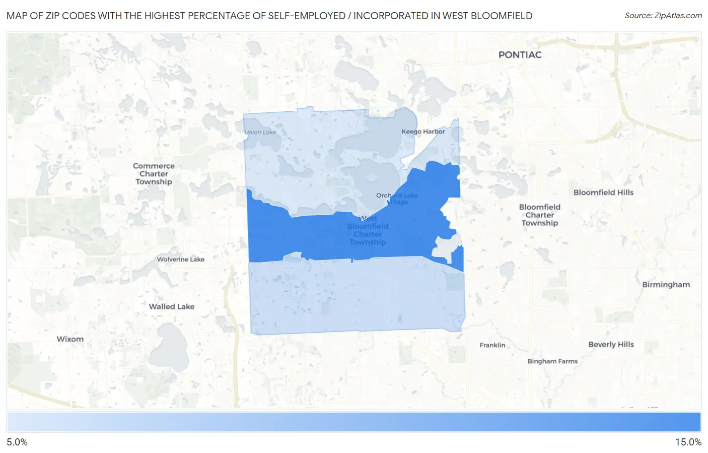 Zip Codes with the Highest Percentage of Self-Employed / Incorporated in West Bloomfield Map