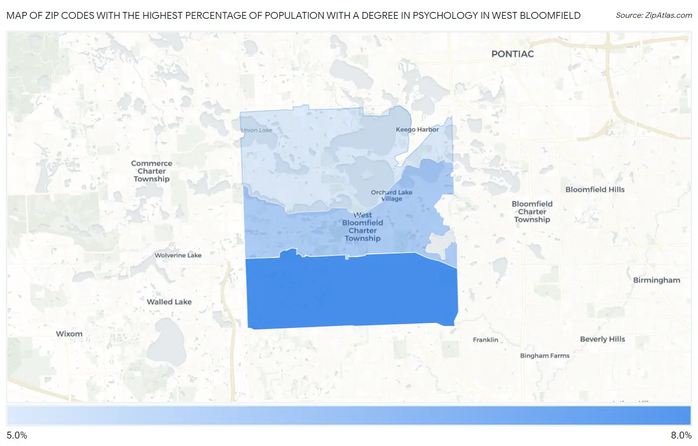 Zip Codes with the Highest Percentage of Population with a Degree in Psychology in West Bloomfield Map